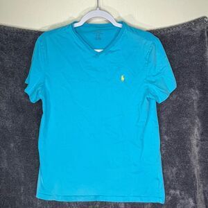 Polo Ralph Lauren Shirt Men Small Blue Logo V-Neck Short Sleeve Pullover Adult